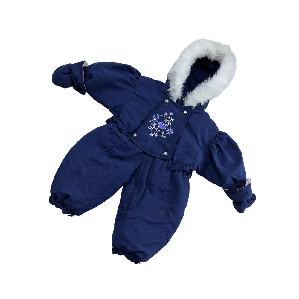 Pistachio Baby Girls Navy Blue Floral Heart Snowsuit Faux‎ Fur Hood 3-6 Months
